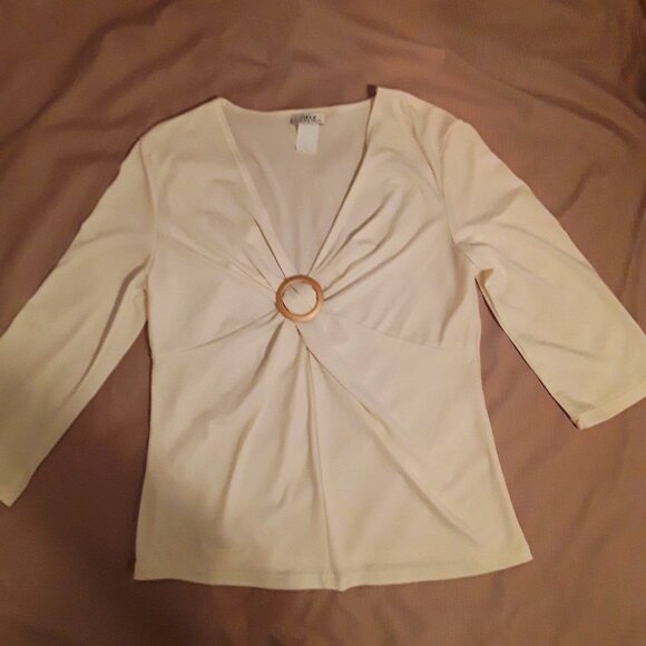 Women's beige blouse, size Small, fits like Medium, very low cut - Picture 1 of 3